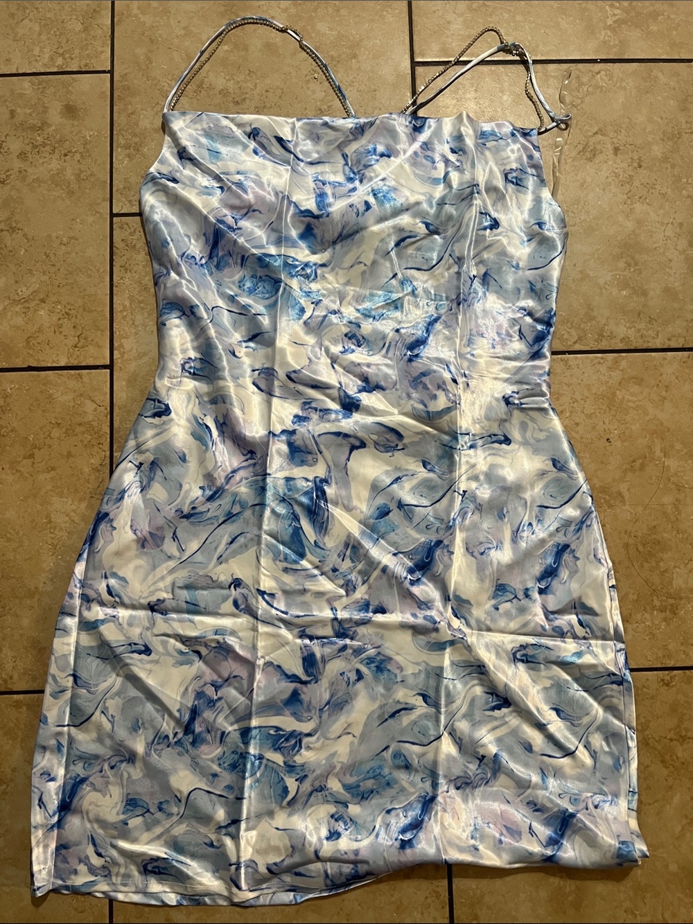 wild fable Marble-Print Satin Slip Mini Dress in Blue and White